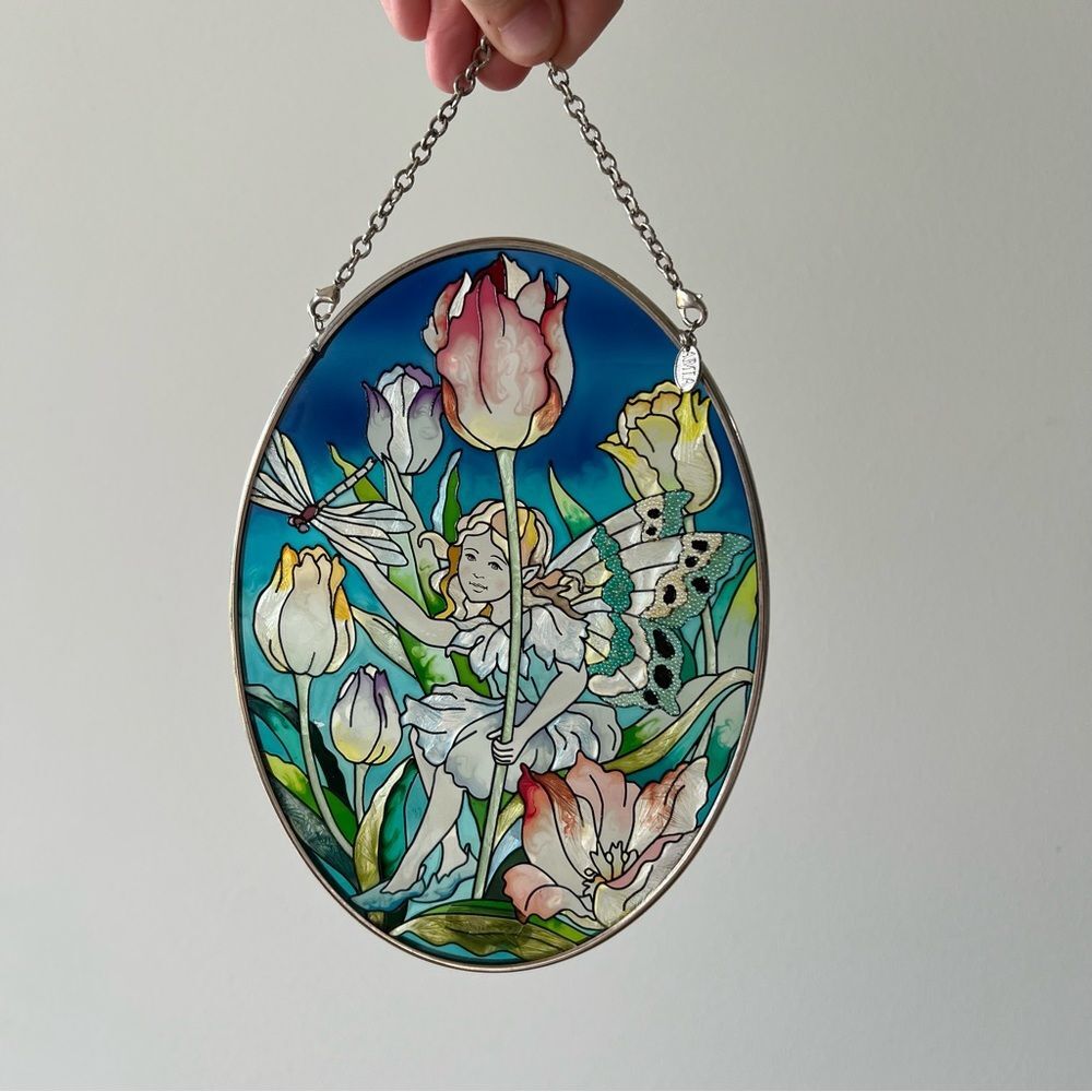 Amia HandPainted Glass Suncatcher with fairy in tulips design.